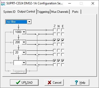 Scream's 'Configure', 'Output Control' pane with the high-pass filter menu showing