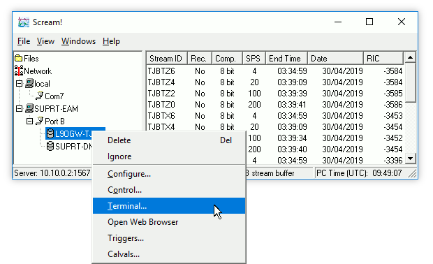 Scream's digitiser context menu, showing the 'Terminal' option