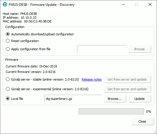 the 'Firmware Update' window configured to use a local file