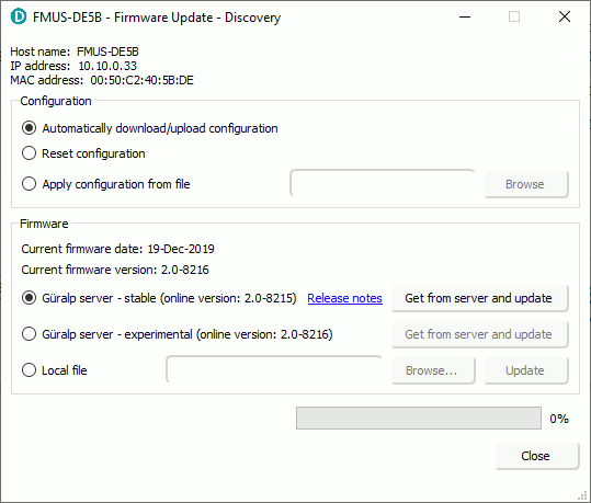 the 'Firmware Update' window configured to download from Güralp's server