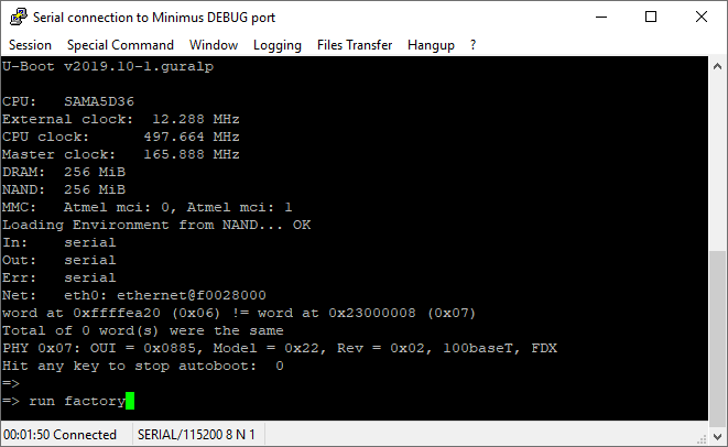 the 'run factory' command at the U-Boot prompt