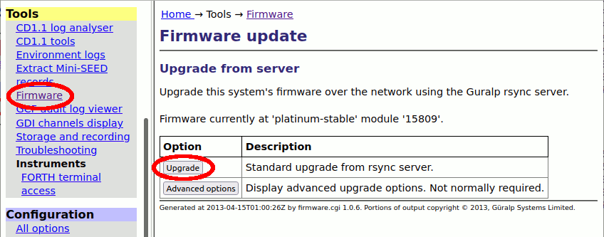 The platinum web interface firmware screen