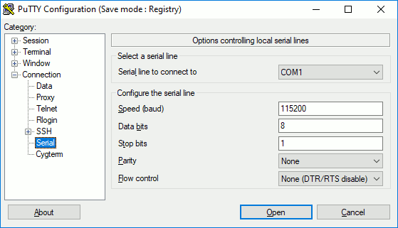 PuTTY's main configuration window