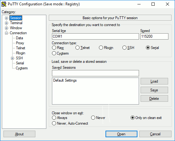 PuTTY's serial configuration window