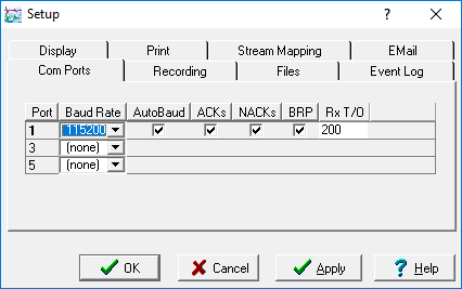 The COM ports tab of Scream's set-up dialogue