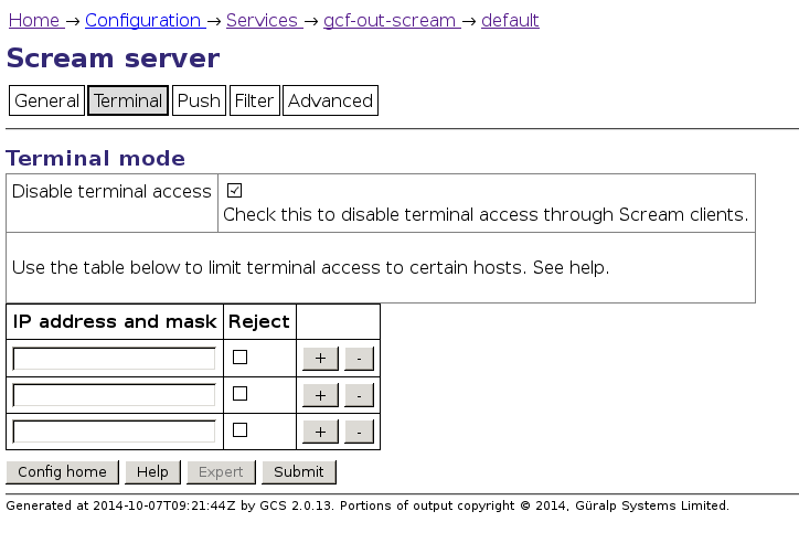 gcf-out-scream configuration window screenshot